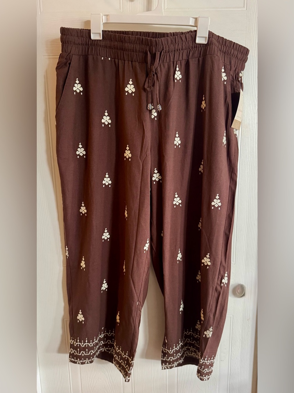 Calligraphie Brown Embroidered Linen Wide Leg Cropped Pants Sz 2X NWT